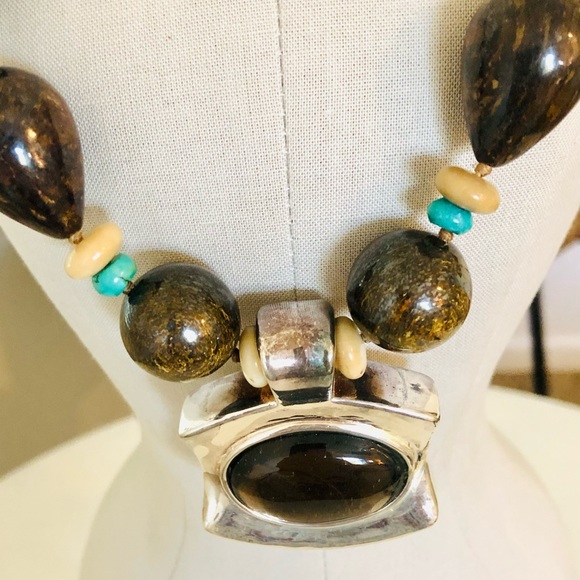 Vintage Simon Sebbag Designer Silver Turquoise Stone Necklace RARE - Picture 14 of 17